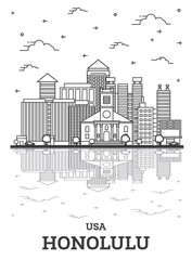 Outline Honolulu Hawaii USA City Skyline with Modern Buildings and Reflections Isolated on White.