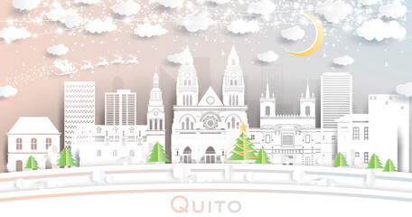 Quito Ecuador City Skyline in Paper Cut Style with Snowflakes, Moon and Neon Garland.