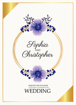 wedding invitation card with golden circular frame and purple flowers