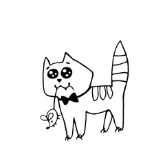 Vector cute contour cat with a mouse in its teeth. Hand drawn doodle. Symbol of love, gift. Simple design element for greeting card, Valentine's day, birthday, coloring book