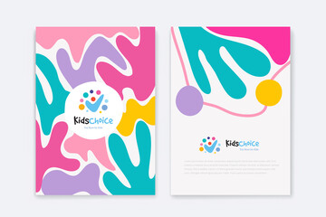 Kids Arts logo and stationery vector. Cute kids multi colored cover design for advertising brochure, Children pattern, kids menu, kindergarten poster, social media post, website background.