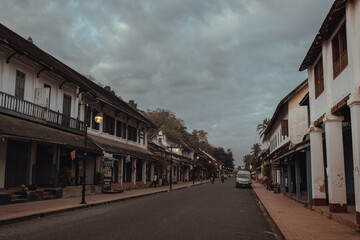 Luang Prabang, LAOS - January 8, 2021, Street in old town Luang Prabang, Laos at sunset