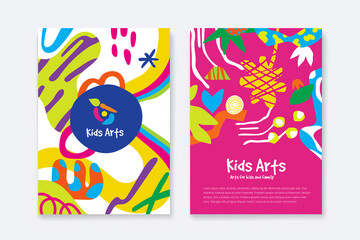 Kids Arts logo and stationery vector. Cute kids multi colored cover design for advertising brochure, Children pattern, kids menu, kindergarten poster, social media post, website background.