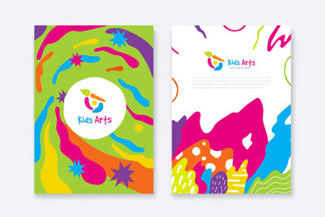 Kids Arts logo and stationery vector. Cute kids multi colored cover design for advertising brochure, Children pattern, kids menu, kindergarten poster, social media post, website background.