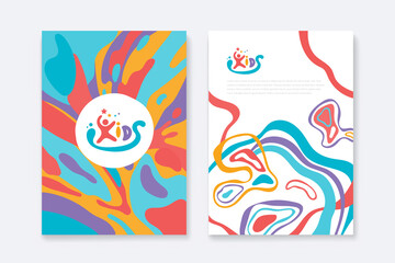 Kids Arts logo and stationery vector. Cute kids multi colored cover design for advertising brochure, Children pattern, kids menu, kindergarten poster, social media post, website background.
