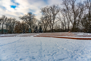 Summer amphitheater under the snow, concert area in winter, Belarus, Minsk