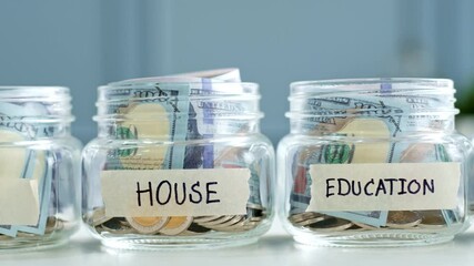 Slide shot money in jar for future, money plan, save money and management concept