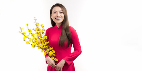 Beautiful asian woman in red dress Vietnamese style hold Hoa Mai tree (Ochna Integerrima) flower in arm in lunar New year.