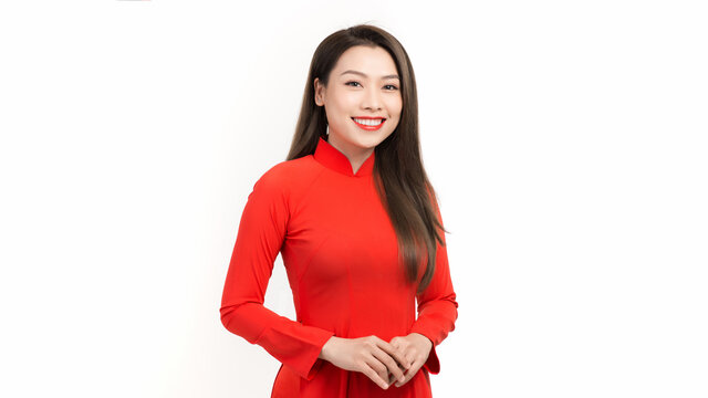 Asian girls with Ao Dai, Vietnam traditional dress on white background
