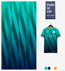 Fabric pattern design. Geometric pattern on green gradient background for soccer jersey, football kit or sports uniform. T-shirt mockup template. Abstract sport background.