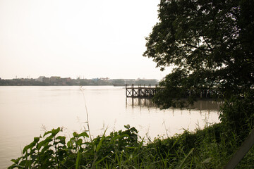 view of hoogly river, an important tributary of river ganges, at botanical garden, howrah, west bengal, india