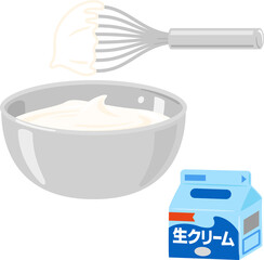 パック入り生クリームとボウルと泡だて器