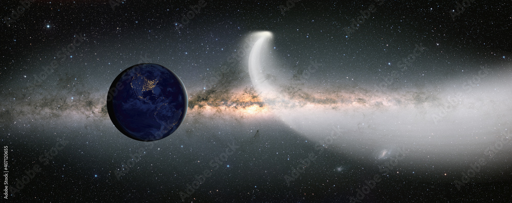 Poster planet earth with comet on the space, milky way galaxy in the background 