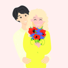 The guy gives flowers to his girlfriend.