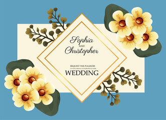 Fototapeta premium wedding invitation card with yellow flowers and golden frame