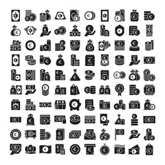 Fototapeta premium Euro money coin, money bag, stack of coins icons set glyph design