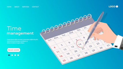 Time management.The businessman's hand makes notes in the calendar.Deadline and task scheduling.Calculation of the remaining days.Flat vector illustration.The template of the landing page.