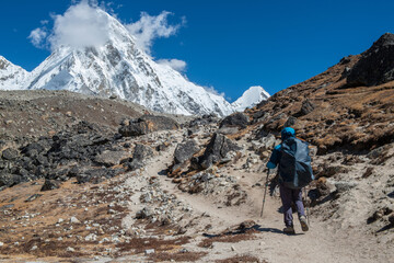 Trekker walking on rugged landscape with the view of Mt.Pumori (7,161 metres) one of the very...
