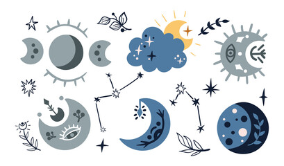 Celestial sky isolated kids clipart, boho cartoon moon, cloud, constellation and stars on white background, cute magic space baby illustration, vector design elements on white