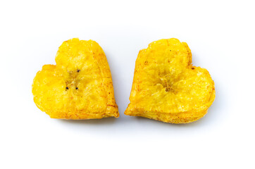 Two heart shaped fried plantain isolated on white background