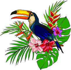 Toucan in tropical flowers design element vector