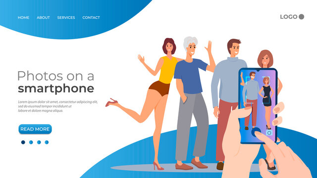 Young people pose for photos and take pictures on a smartphone.Friendship and joy of communication of cartoon characters are photographed for memory.Flat vector illustration.The template of the landin