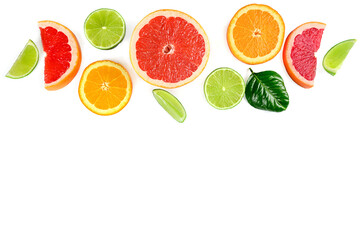 composition with citrus fruits, leaves and flowers on white background, isolated flat lay