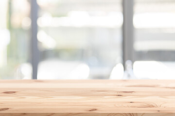 Blur white clean home with empty space wooden table for products advertising montage background