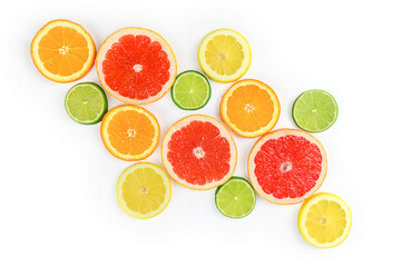 Isolated composition with citrus fruits, leaves and flowers on white background, flat lay
