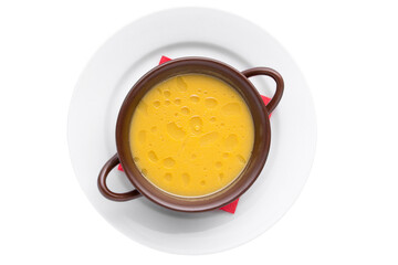 Delicate creamy pumpkin soup. Restaurant service concept. Isolated.
