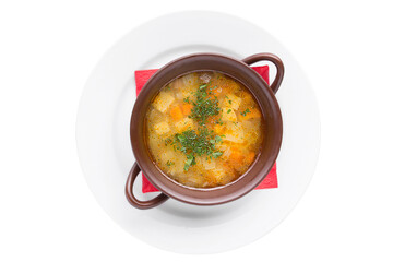Cabbage soup with meat. Russian traditional dish. Restaurant service concept. Isolated.