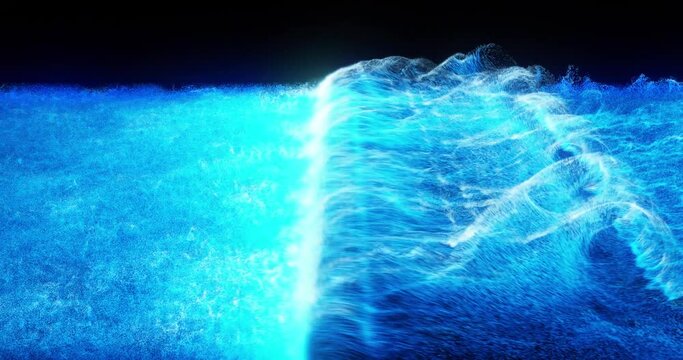 Abstract Digital wave on Blue particles. Turbulent waters with large wave from left to right. 3-D rendering, 4K seamless loop