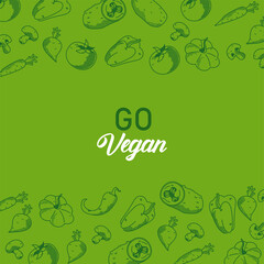 go vegan lettering poster with vegetables frame in green background