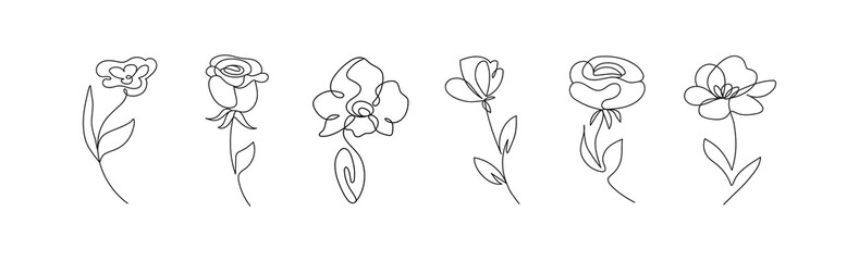 Floral elements set.set of hand drawn, single continuous line flowers.  Hand Drawn flowers Floral elements set.set of hand drawn, single continuous line flowers.  Collection of flowers in one line dra