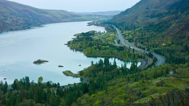 Colombia Gorge in Oregon in spring time and freeway traffic