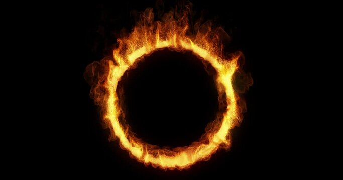 slow motion flames and sparks, Burning Ring of Fire on Black Background. 3D render, 4K loop