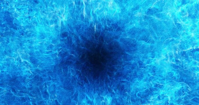 Abstract eye dilation effect on blue fluid particles. Eye, retina or pupil motion background for event, concert, title, presentation, music, VJ. 4K loop 3D render