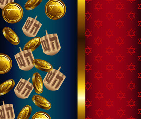 happy hanukkah celebration with dreidels and coins in golden frame