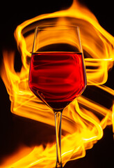 a glass of wine with fire on the background