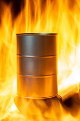 A barrel of oil stands in a bright fire. a barrel of oil surrounded by flames