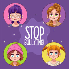 young teenagers girls with stop bullying lettering