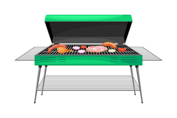 Square Charcoal Barbecue Grill with Metal Grid for Cooking Food and Lid Vector Illustration