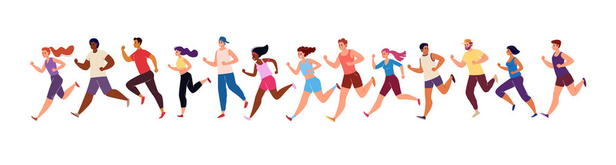 Fototapeta na wymiar Marathon Race. Running Men and Women in Tracksuits. Colored Isolated Trendy Characters Sportsmen. Vector Flat Cartoon Illustration.