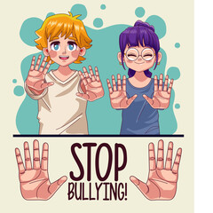 young couple with stop bullying lettering and hands stoping