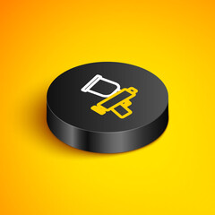 Isometric line Paint spray gun icon isolated on yellow background. Black circle button. Vector.