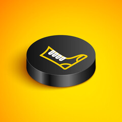 Isometric line Sport boxing shoes icon isolated on yellow background. Wrestling shoes. Black circle button. Vector.