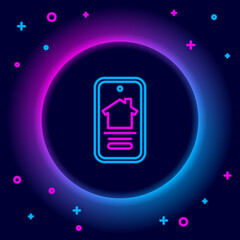 Glowing neon line Online real estate house on smartphone icon isolated on black background. Home loan concept, rent, buy, buying a property. Colorful outline concept. Vector.