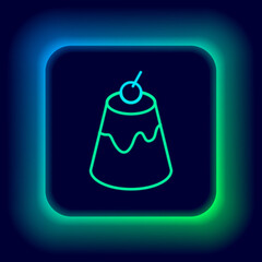 Obraz premium Glowing neon line Pudding custard with caramel glaze icon isolated on black background. Colorful outline concept. Vector.