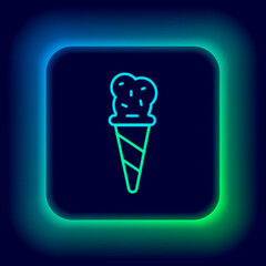 Glowing neon line Ice cream in waffle cone icon isolated on black background. Sweet symbol. Colorful outline concept. Vector.