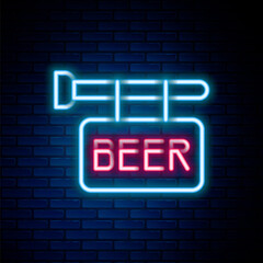Obraz premium Glowing neon line Street signboard with inscription Beer icon isolated on brick wall background. Suitable for advertisements bar, cafe, pub, restaurant. Colorful outline concept. Vector.